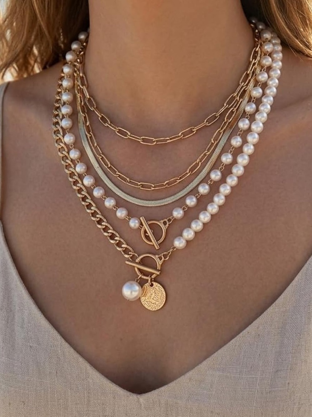 Anthropologie Gold-Tone and White Pearl Layered Necklace Set
